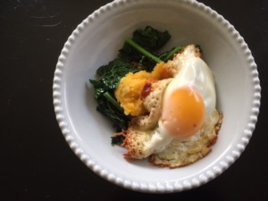 image of butternut mash recipe by Dorothy Calimeris. Includes butternut squash, egg and kale.
