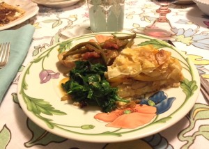 plate containing Instant Stewed Greek Beans, Butternut Squash and Mushroom Pie and spinach.