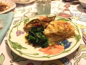 plate containing Instant Stewed Greek Beans, Butternut Squash and Mushroom Pie and spinach.