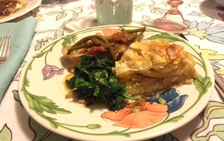 plate containing Instant Stewed Greek Beans, Butternut Squash and Mushroom Pie and spinach.
