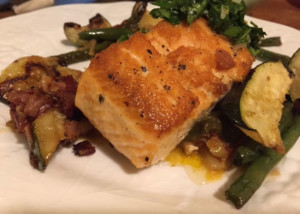Pan fried salmon with pancetta roasted vegetables.