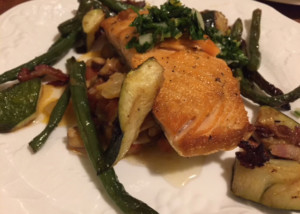 Pancetta Roasted Vegetables and Pan fried salmon.