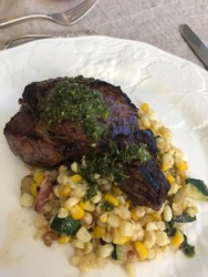 Pan-Seared Steak with Chimichurri Sauce and Sautéed Corn