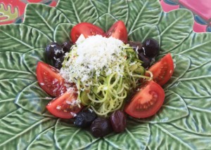 zucchini, noodle, tomato, olive salad, with Ricotta salalta. Recipe by Dorothy Calimeris