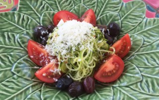 zucchini, noodle, tomato, olive salad, with Ricotta salalta. Recipe by Dorothy Calimeris